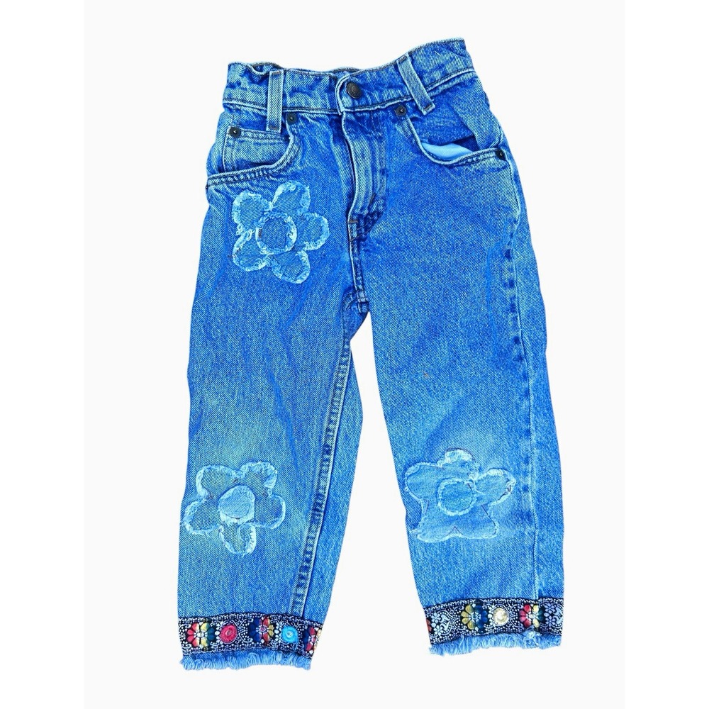 Vintage Levi's Girls Jeans Floral Embroidered Size 6 Slim 3/4T Orange Tab Boho